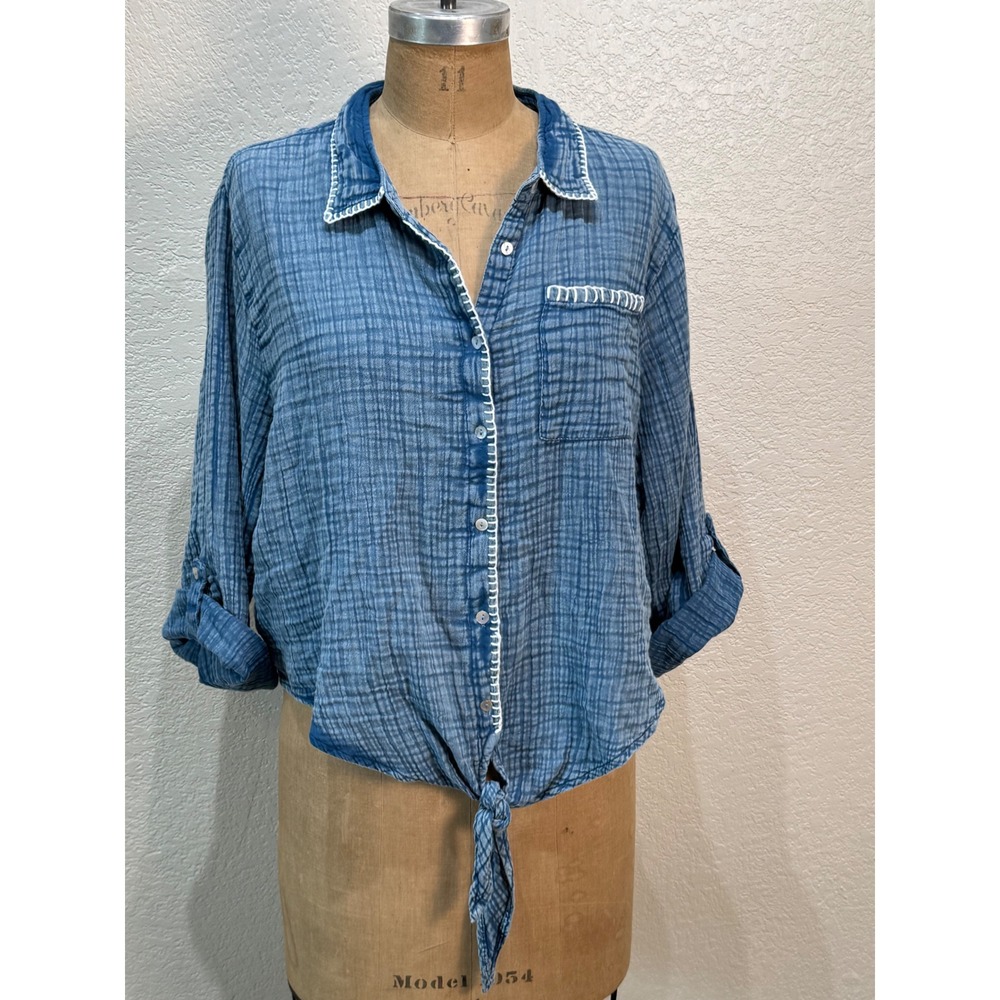 Natural Life Blue Gauze Tie Front Button Down Shirt NWT Women Medium